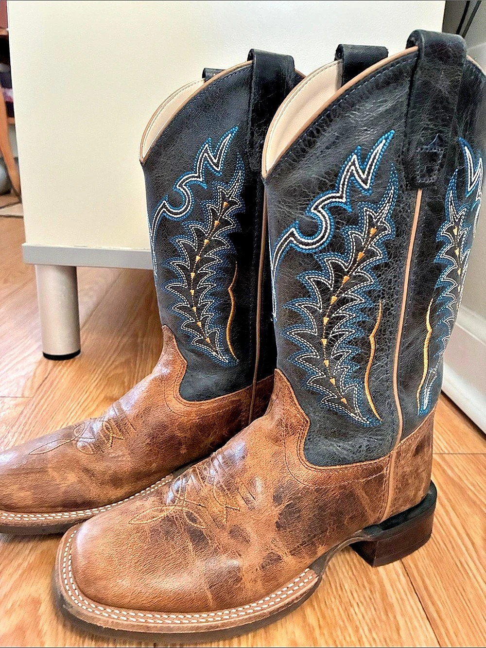 Old West Kids or Small Footed Adults Western Boots Brown, Blue w Gold & White